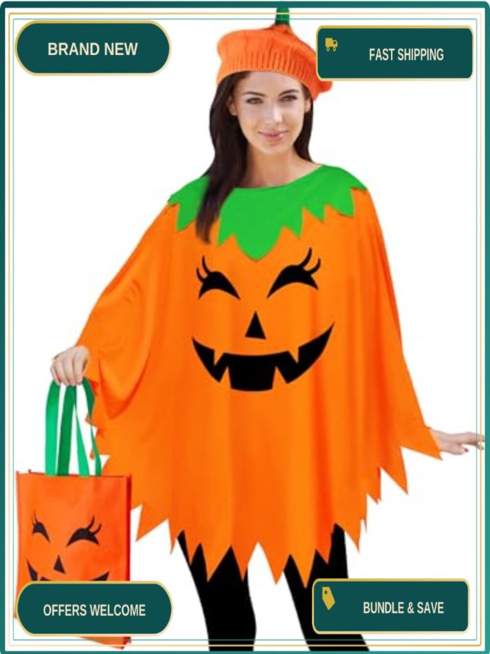 Pumpkin Poncho Halloween Costume Set with Knit Beret & Candy Bag Adult